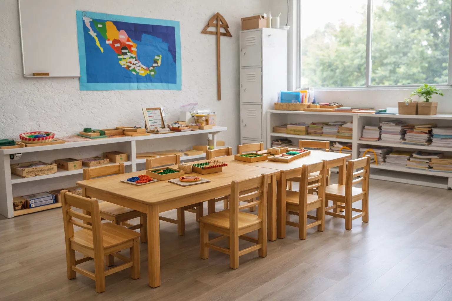 Salón Montessori con mesas y materiales preparados